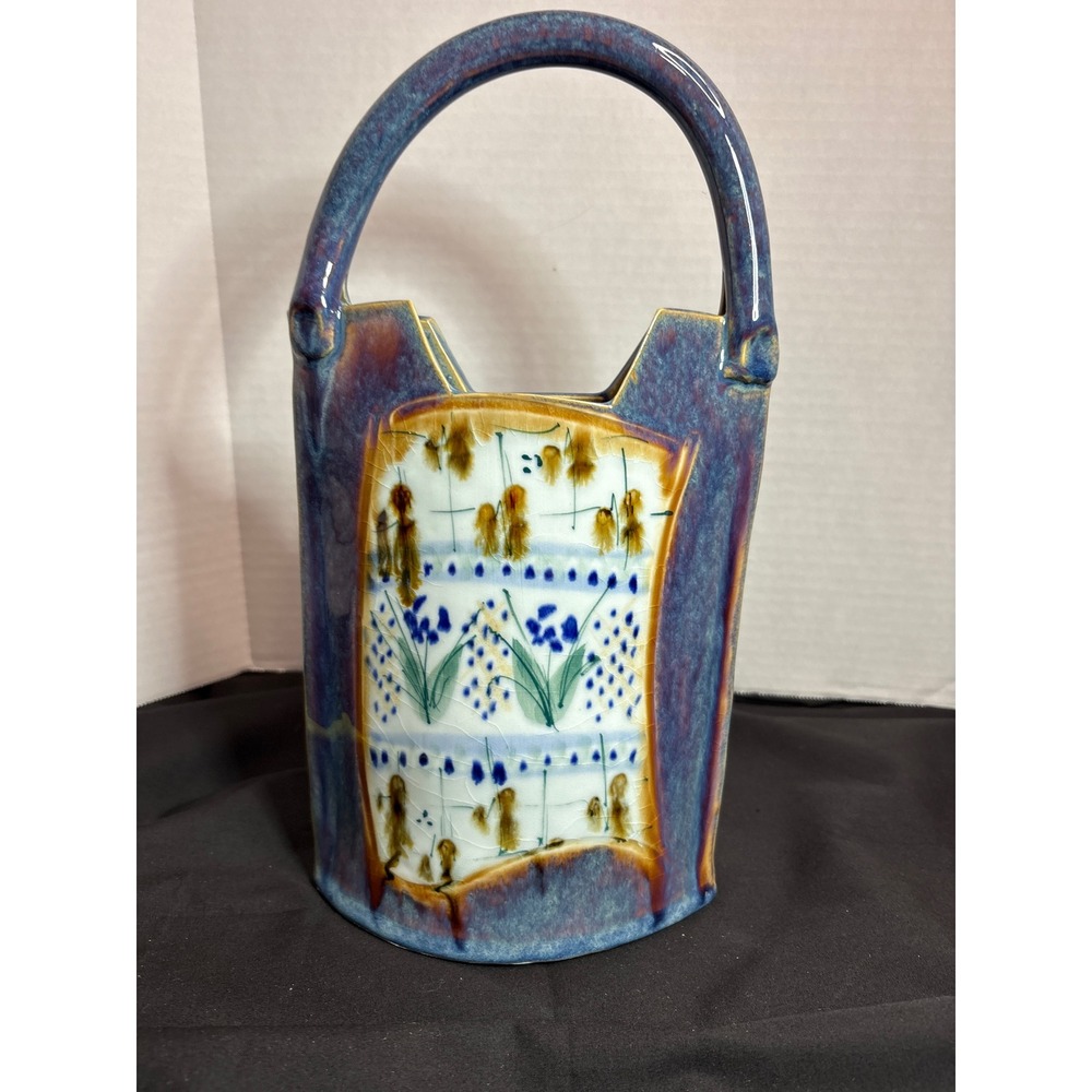 Handcrafted Ceramic Vase with Handle, Flower‎ Design Pottery Decor Accent